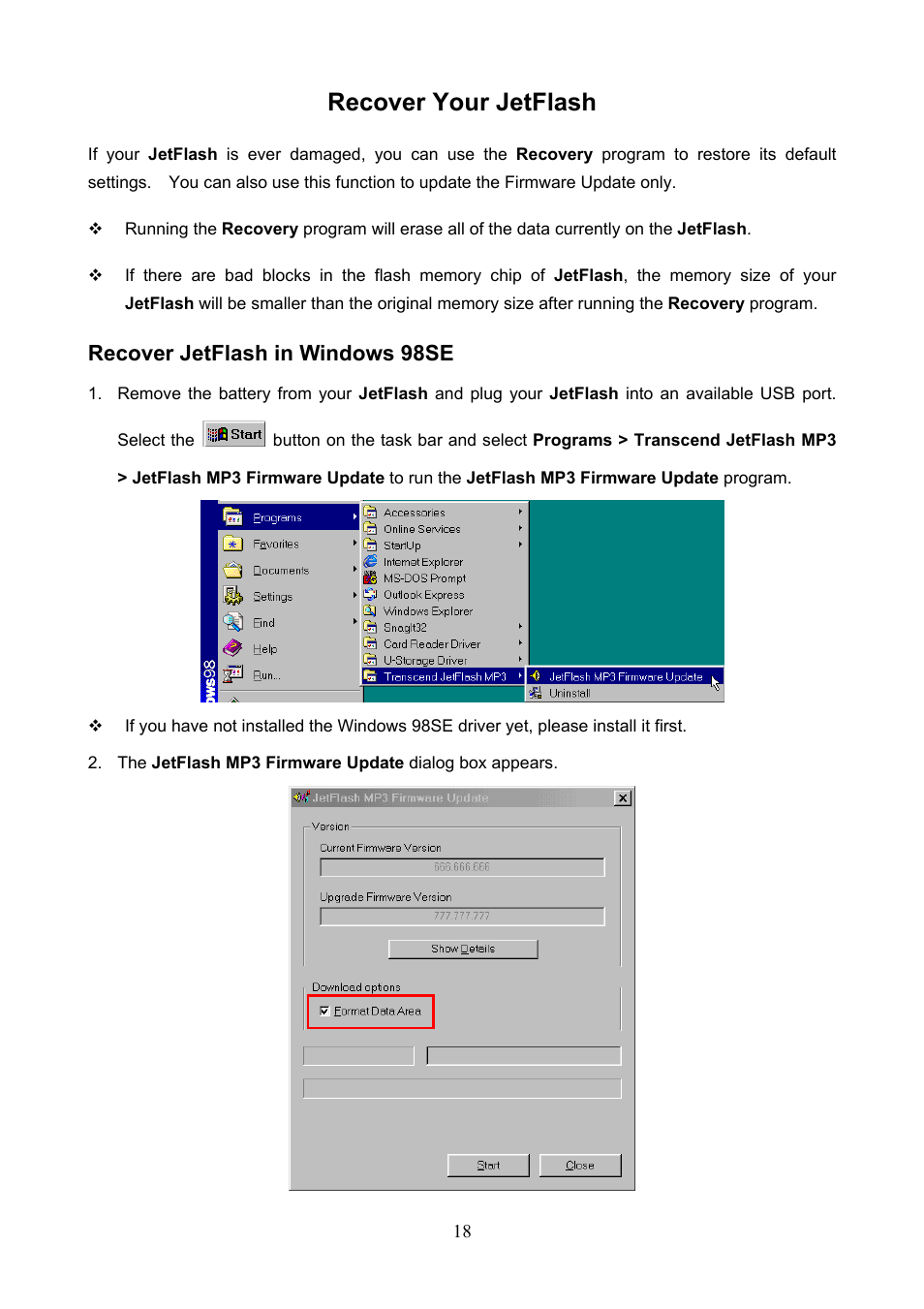 Recover your jetflash, Recover jetflash in windows 98se | Transcend Information TS1GJF User Manual | Page 21 / 30