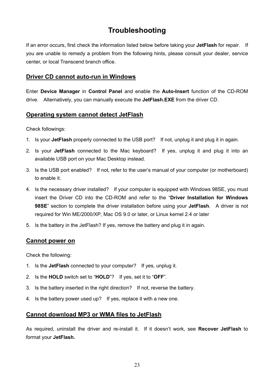 Troubleshooting | Transcend Information TS1GJF User Manual | Page 26 / 30
