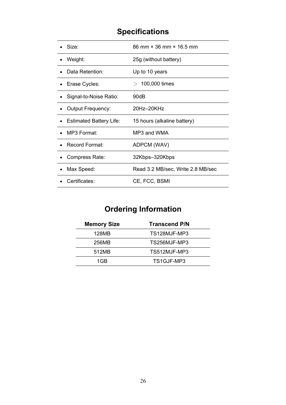Specifications, Ordering information | Transcend Information TS1GJF User Manual | Page 29 / 30