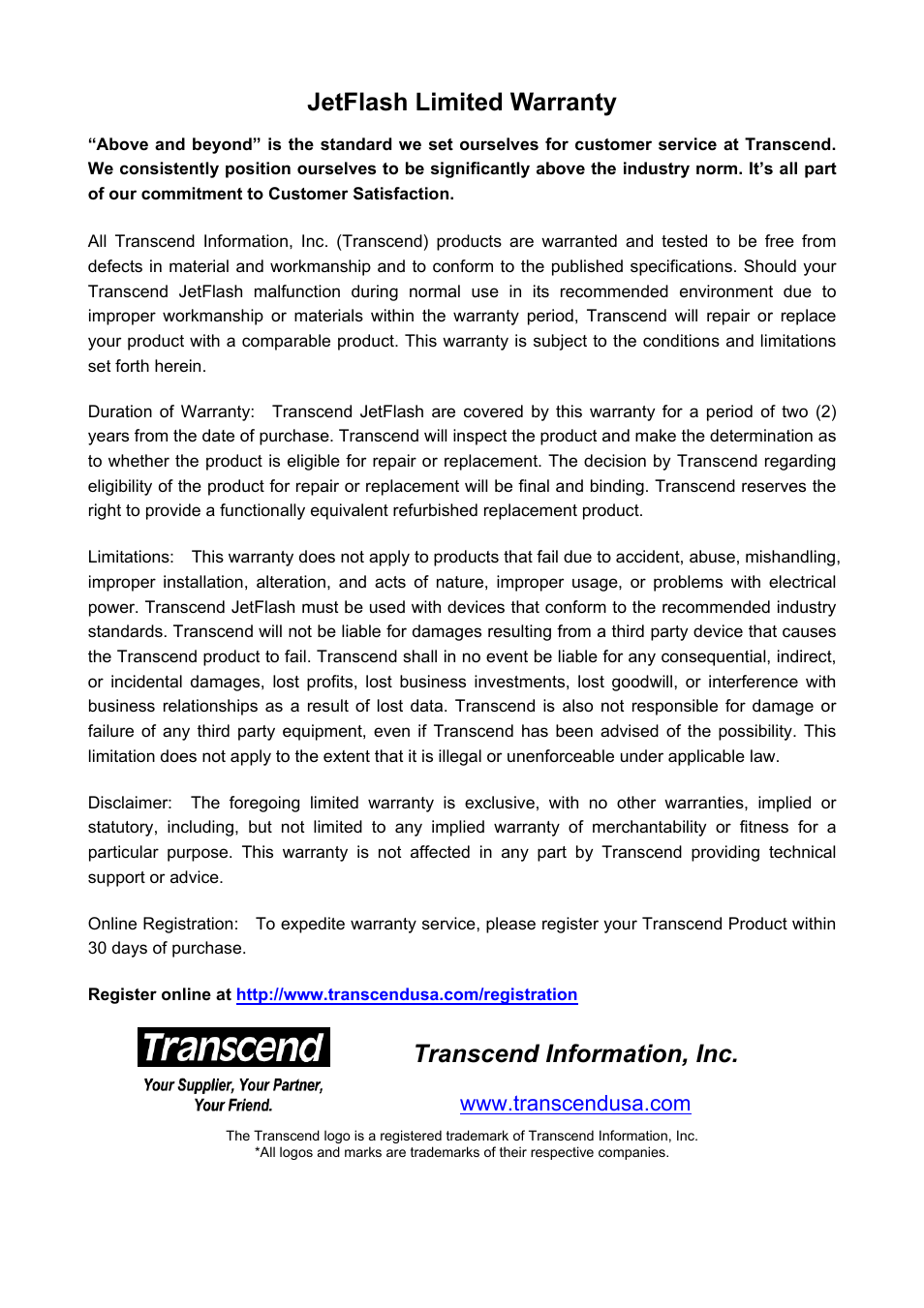 Jetflash limited warranty, Transcend information, inc | Transcend Information TS1GJF User Manual | Page 30 / 30