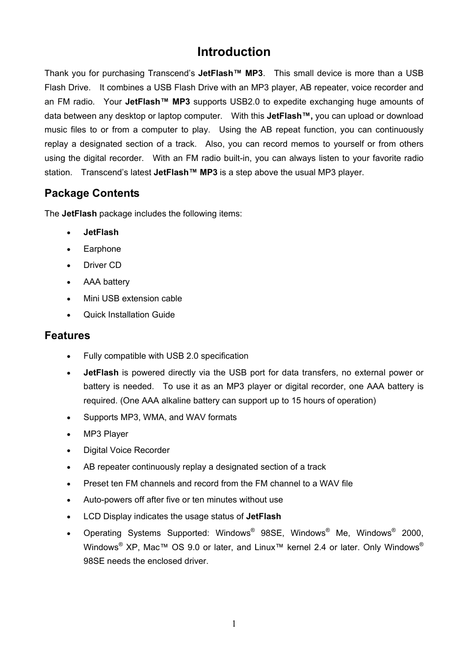 Introduction, Package contents, Features | Transcend Information TS1GJF User Manual | Page 4 / 30
