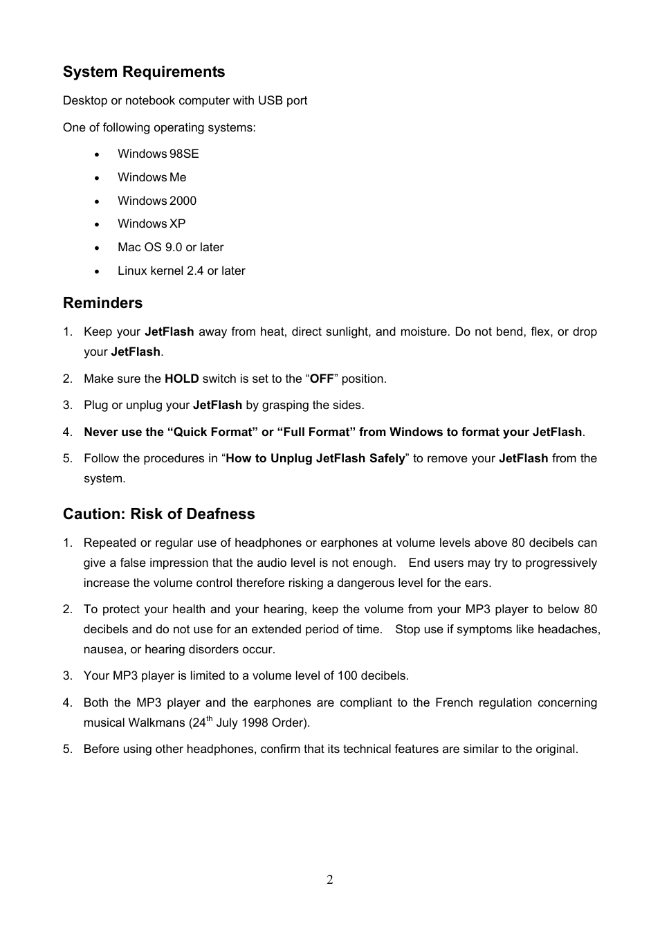 System requirements, Reminders, Caution: risk of deafness | Transcend Information TS1GJF User Manual | Page 5 / 30