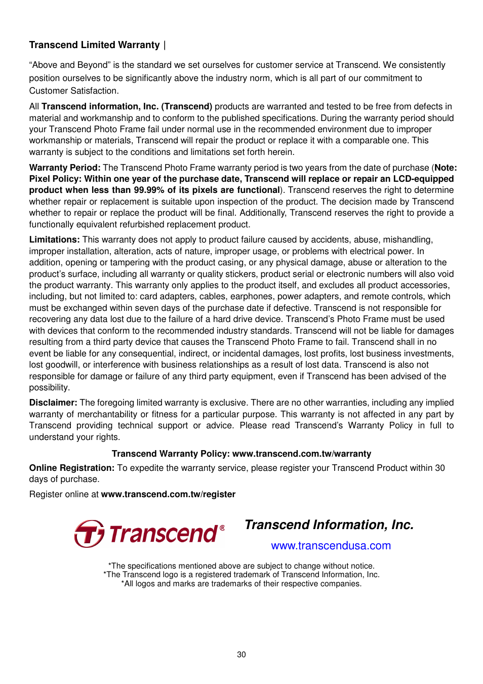 Transcend information, inc | Transcend Information PF705 User Manual | Page 31 / 31