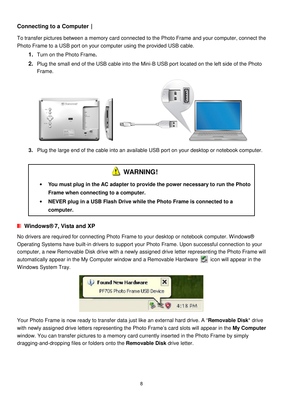 Warning | Transcend Information PF705 User Manual | Page 9 / 31
