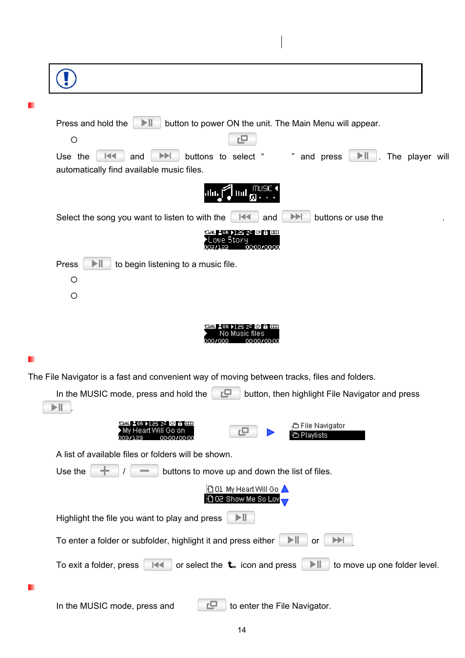 Music mode, Playing audio files, File navigator | Deleting music files | Transcend Information TS2GMP330 User Manual | Page 14 / 36
