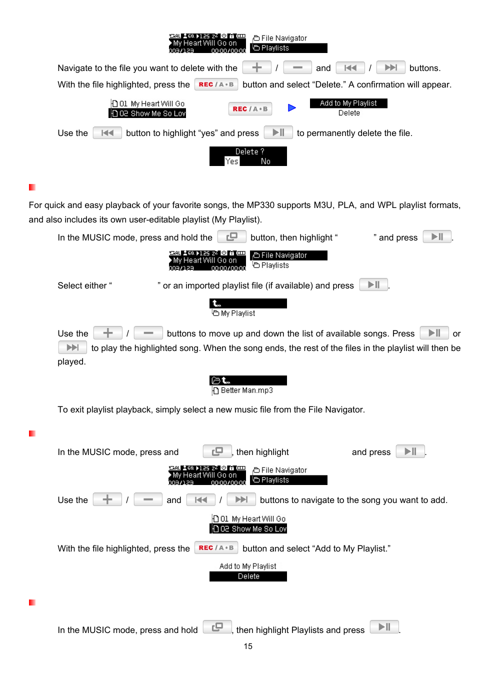 Playlists, Adding a song to my playlist, Removing a song from my playlist | Transcend Information TS2GMP330 User Manual | Page 15 / 36