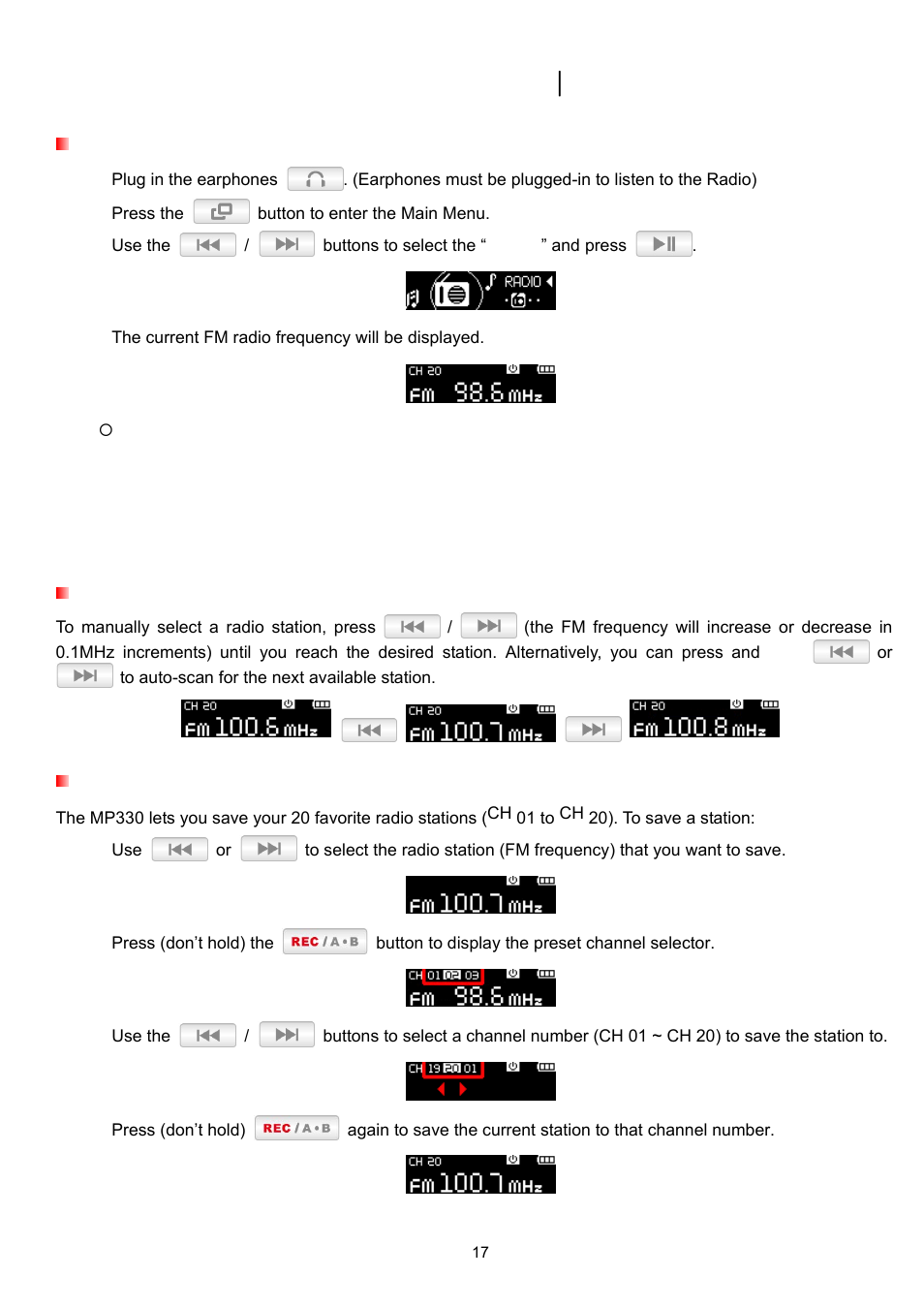 Radio mode, Listening to the radio, Selecting a radio station | Saving a radio station | Transcend Information TS2GMP330 User Manual | Page 17 / 36