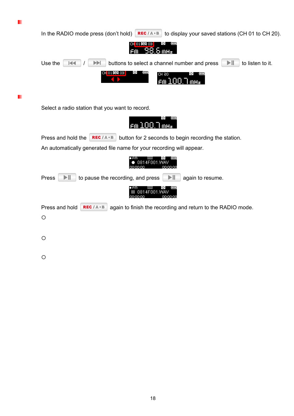 Recalling a saved station, Recording the radio | Transcend Information TS2GMP330 User Manual | Page 18 / 36