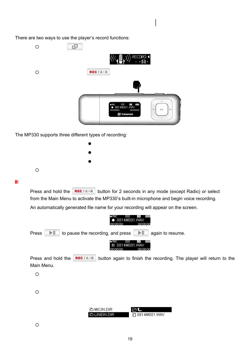 Record mode, Voice recording | Transcend Information TS2GMP330 User Manual | Page 19 / 36