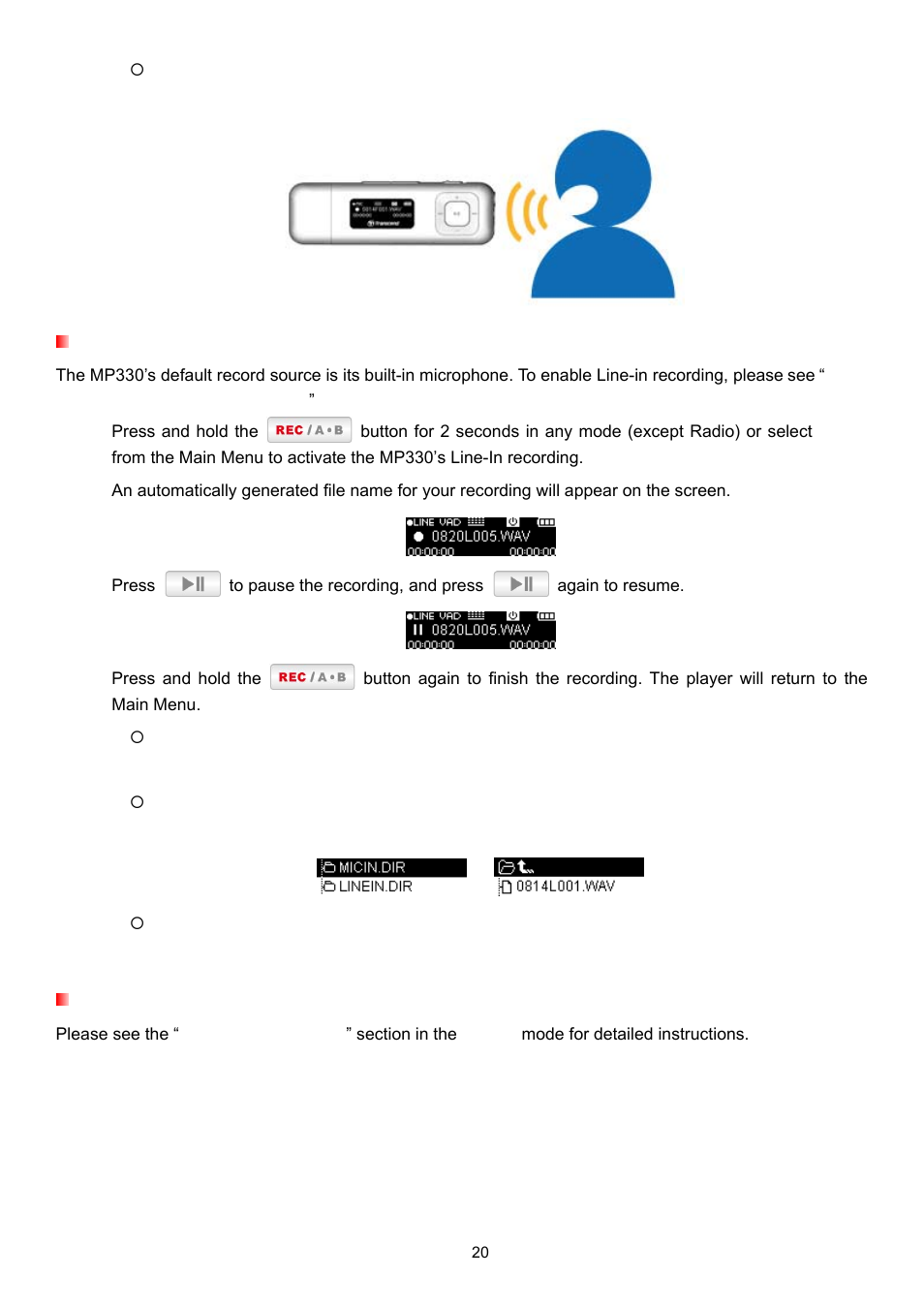 Line-in recording, Fm radio recording | Transcend Information TS2GMP330 User Manual | Page 20 / 36