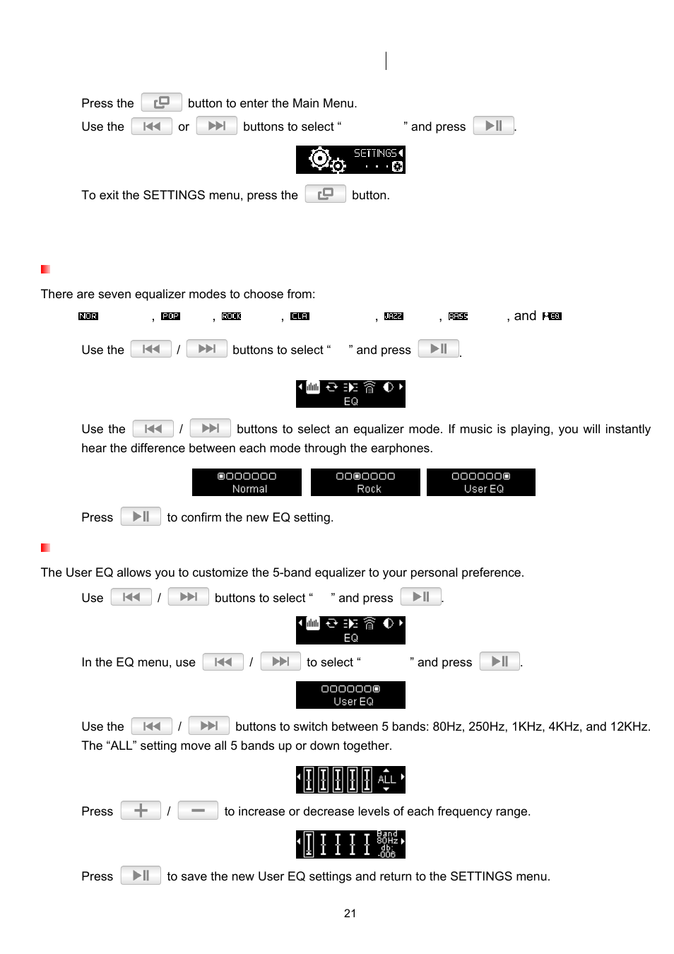Settings, Equalizer (eq) mode, User eq customization | Transcend Information TS2GMP330 User Manual | Page 21 / 36