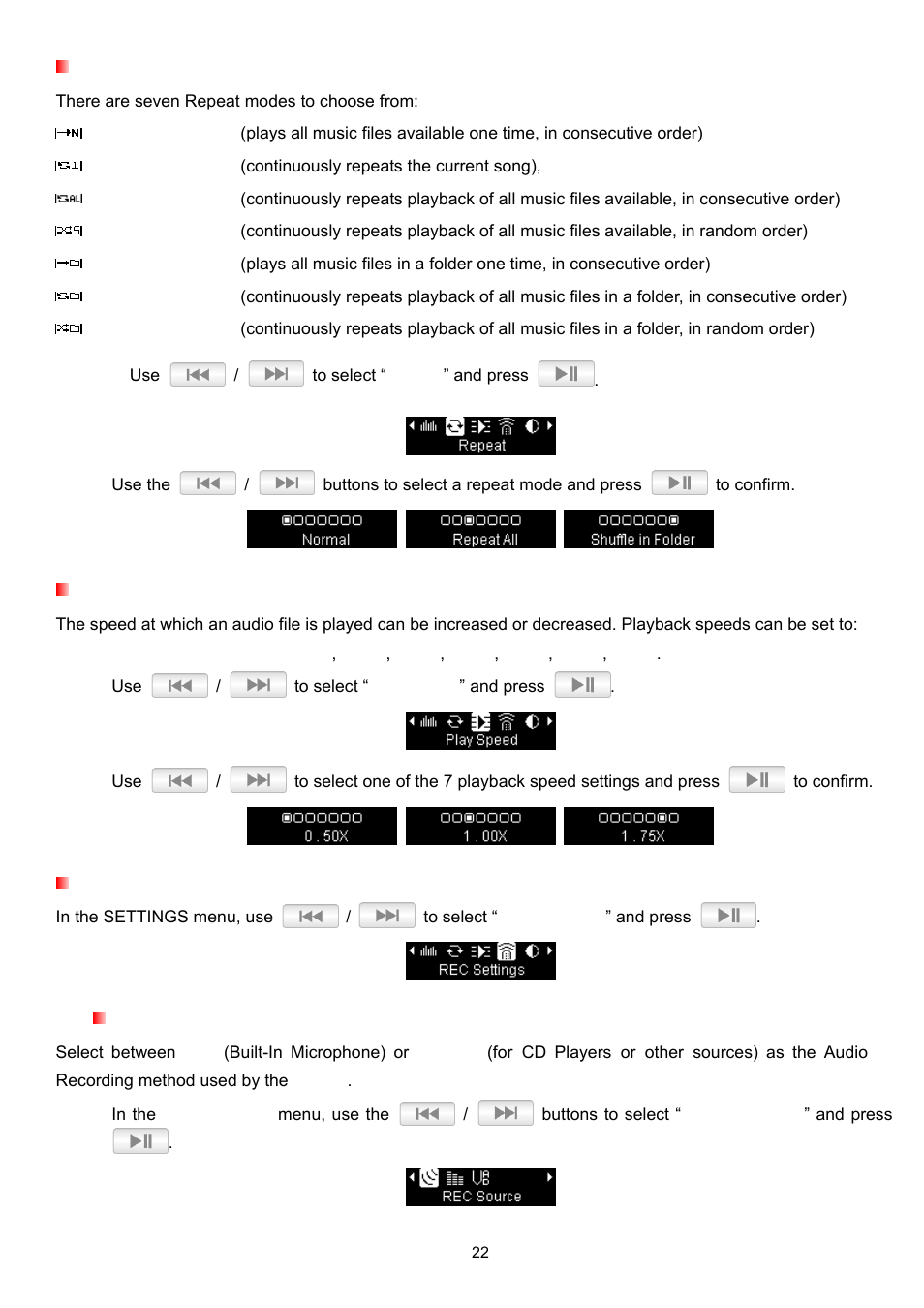 Repeat mode, Play speed, Rec settings | Record source | Transcend Information TS2GMP330 User Manual | Page 22 / 36