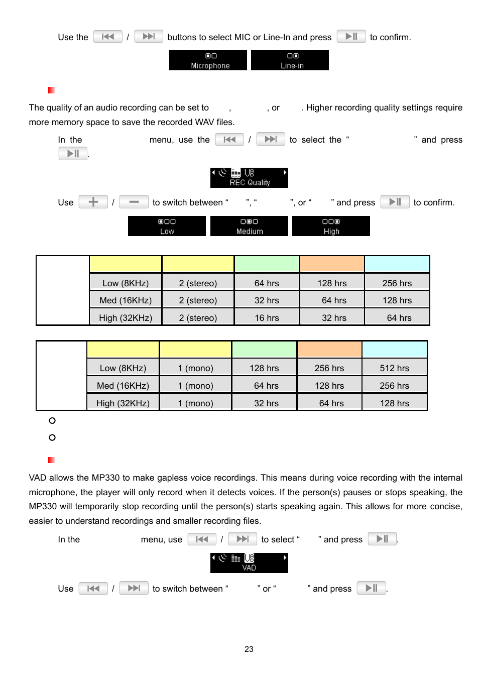Record quality, Vad (voice activity detection) | Transcend Information TS2GMP330 User Manual | Page 23 / 36