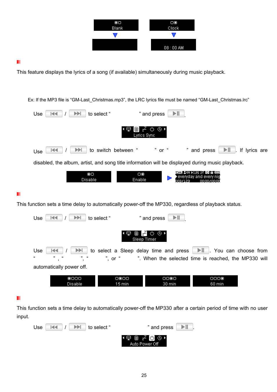 Lyrics sync, Sleep timer, Auto power off | Date / time settings | Transcend Information TS2GMP330 User Manual | Page 25 / 36