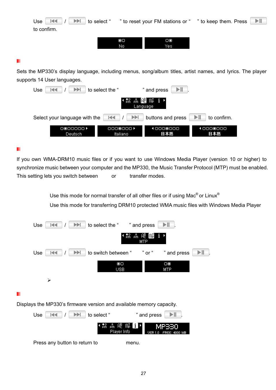 Langua, Music transfer protocol (mtp), Player info | Language | Transcend Information TS2GMP330 User Manual | Page 27 / 36
