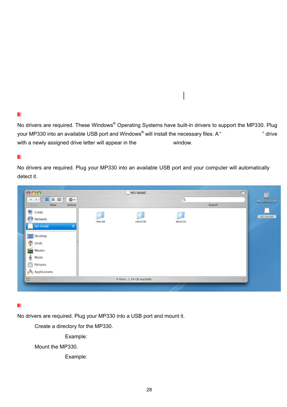 Driver installation, Driver installation for windows, 2000, xp and vista | Driver installation for mac, Os 10.0 or later, Driver installation for linux, Kernel 2.4 or later | Transcend Information TS2GMP330 User Manual | Page 28 / 36