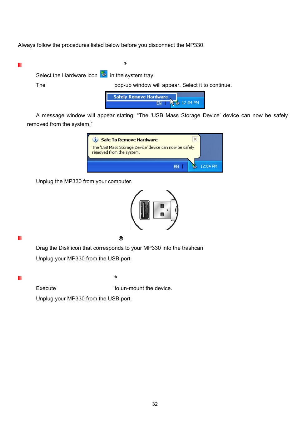 Troubleshooting, Disconnecting from a computer | Transcend Information TS2GMP330 User Manual | Page 32 / 36