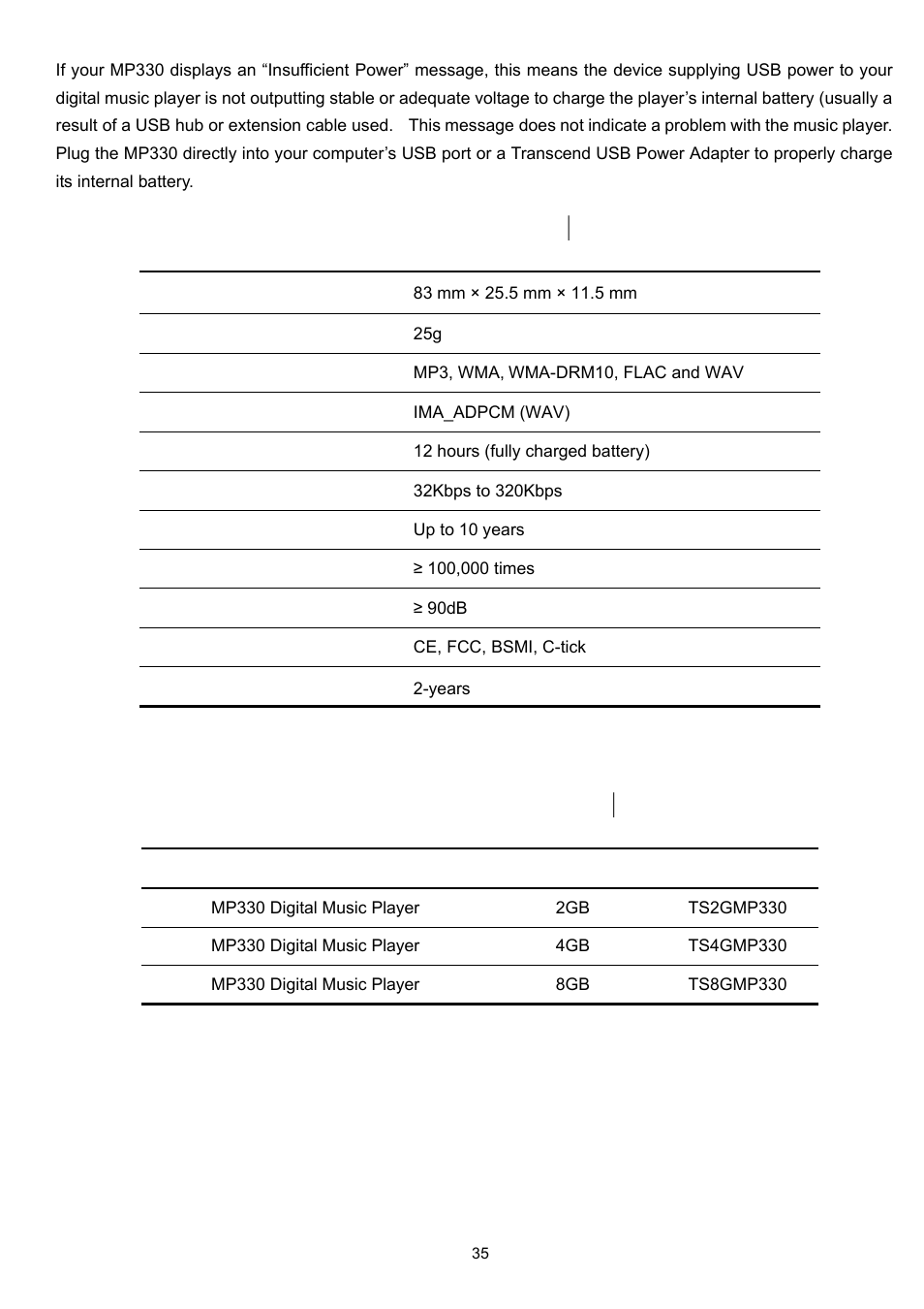 Transcend limited warranty, Specifications, Ordering information | Transcend Information TS2GMP330 User Manual | Page 35 / 36