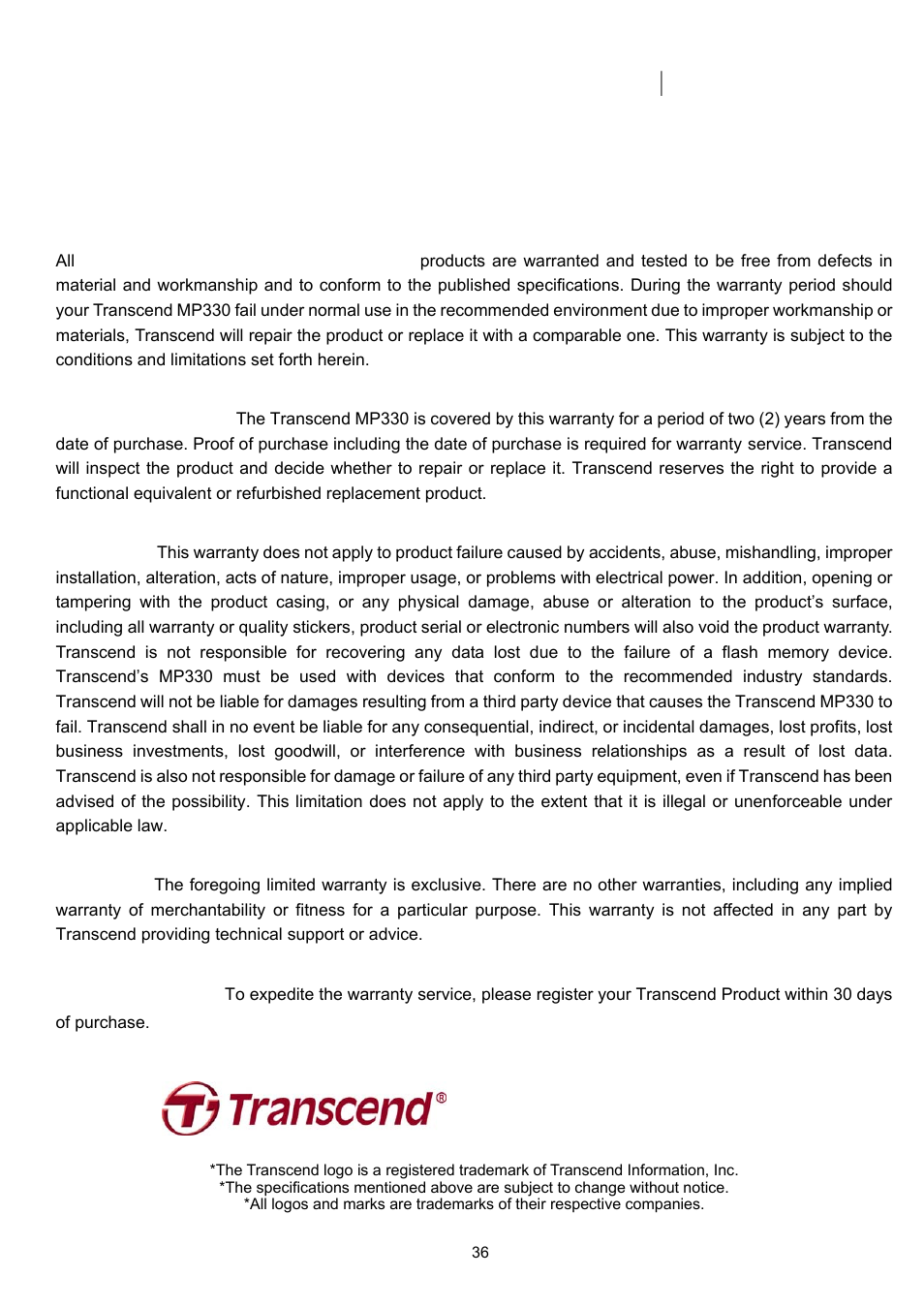 Transcend limited warranty, Transcend information, inc | Transcend Information TS2GMP330 User Manual | Page 36 / 36