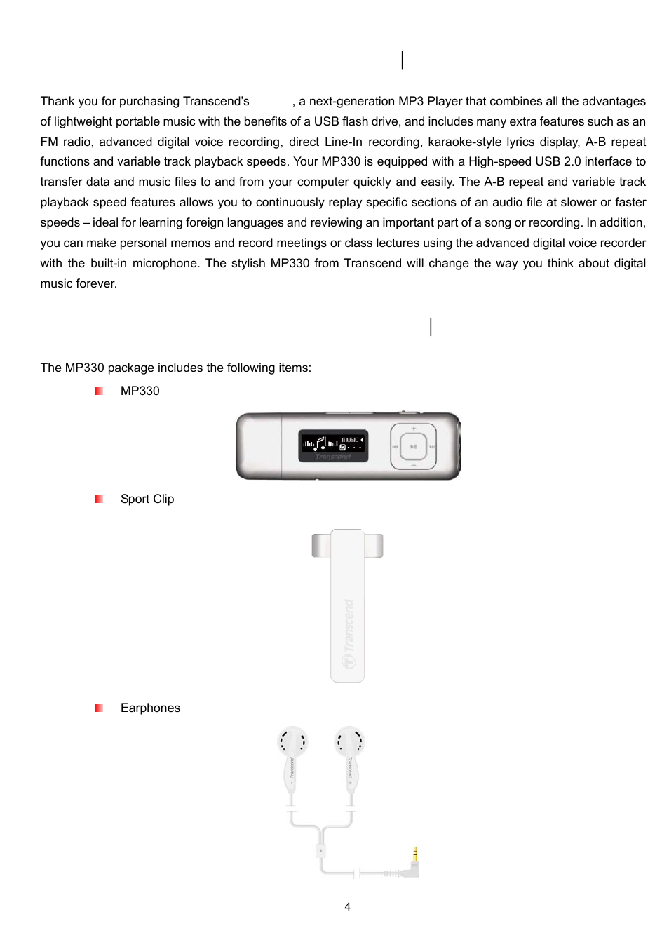 Introduction, Package contents | Transcend Information TS2GMP330 User Manual | Page 4 / 36