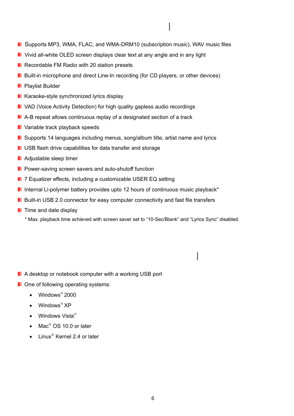 Features, System requirements | Transcend Information TS2GMP330 User Manual | Page 6 / 36