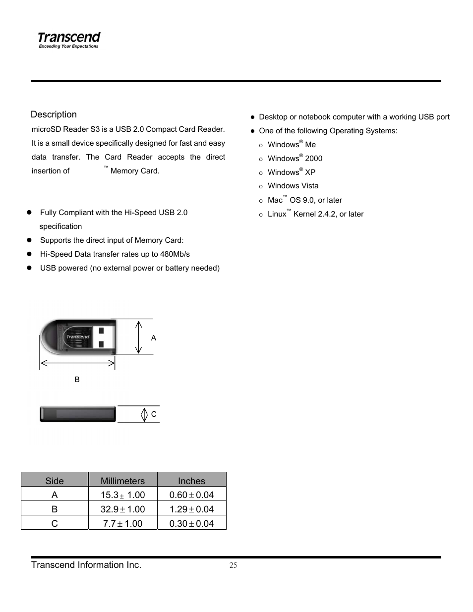 Microsd reader s3, Description | Transcend Information TS1~2GUSD-S3 User Manual | Page 25 / 27