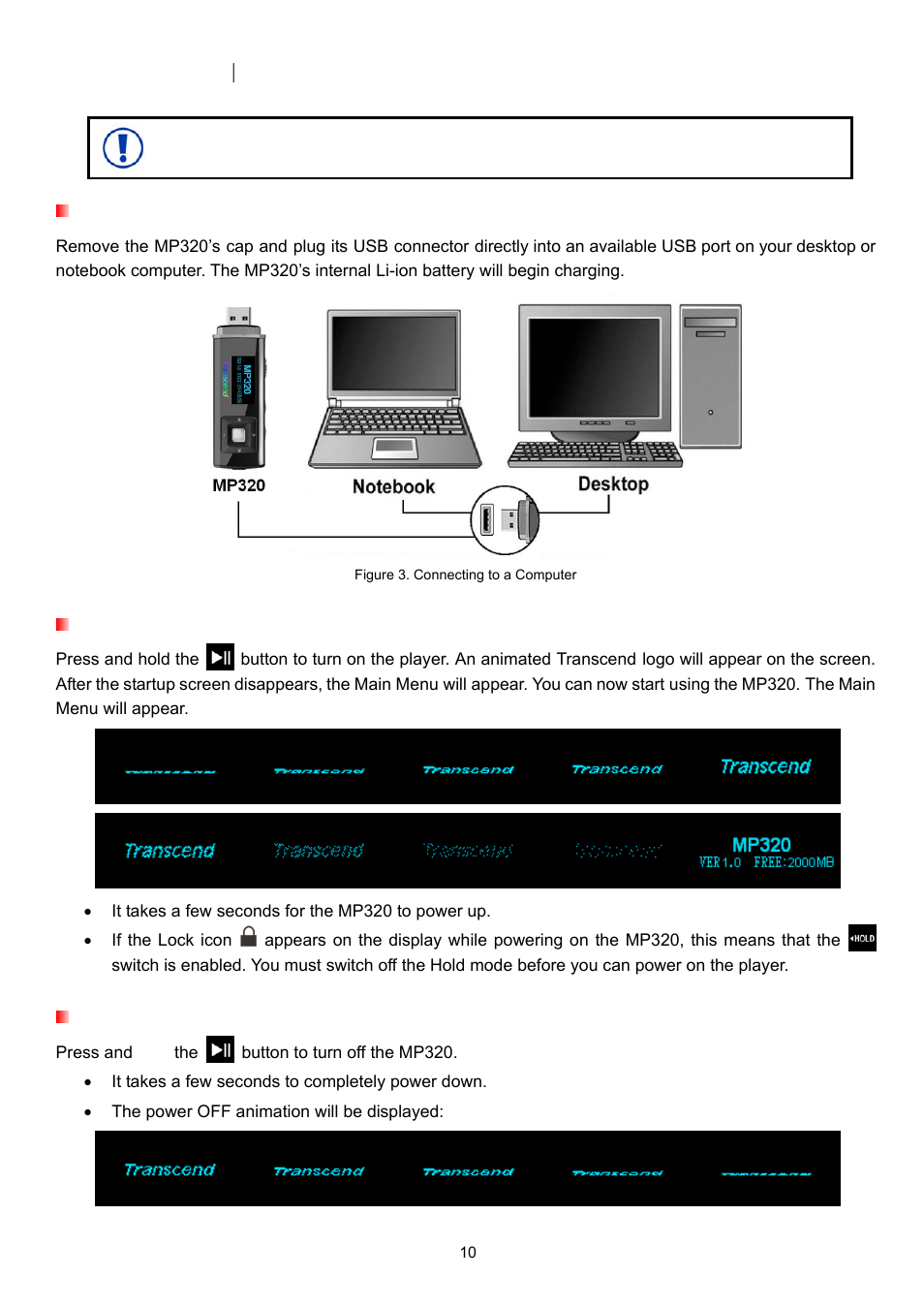 Basic operation, Charging the battery, Power on | Power off | Transcend Information T.SONIC 320 User Manual | Page 10 / 42