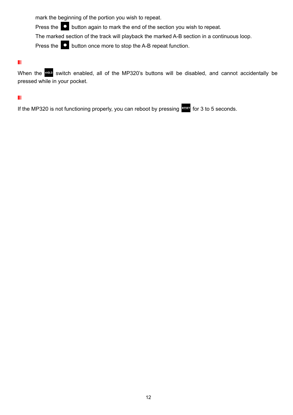 Hold, Reset | Transcend Information T.SONIC 320 User Manual | Page 12 / 42