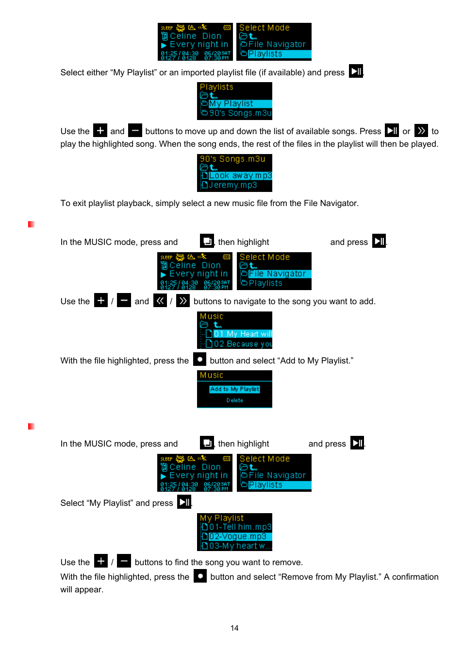 Adding a song to my playlist, Removing a song from my playlist | Transcend Information T.SONIC 320 User Manual | Page 14 / 42