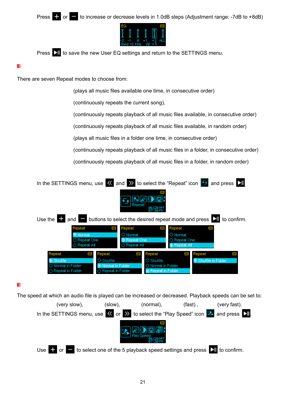 Repeat mode, Play speed | Transcend Information T.SONIC 320 User Manual | Page 21 / 42