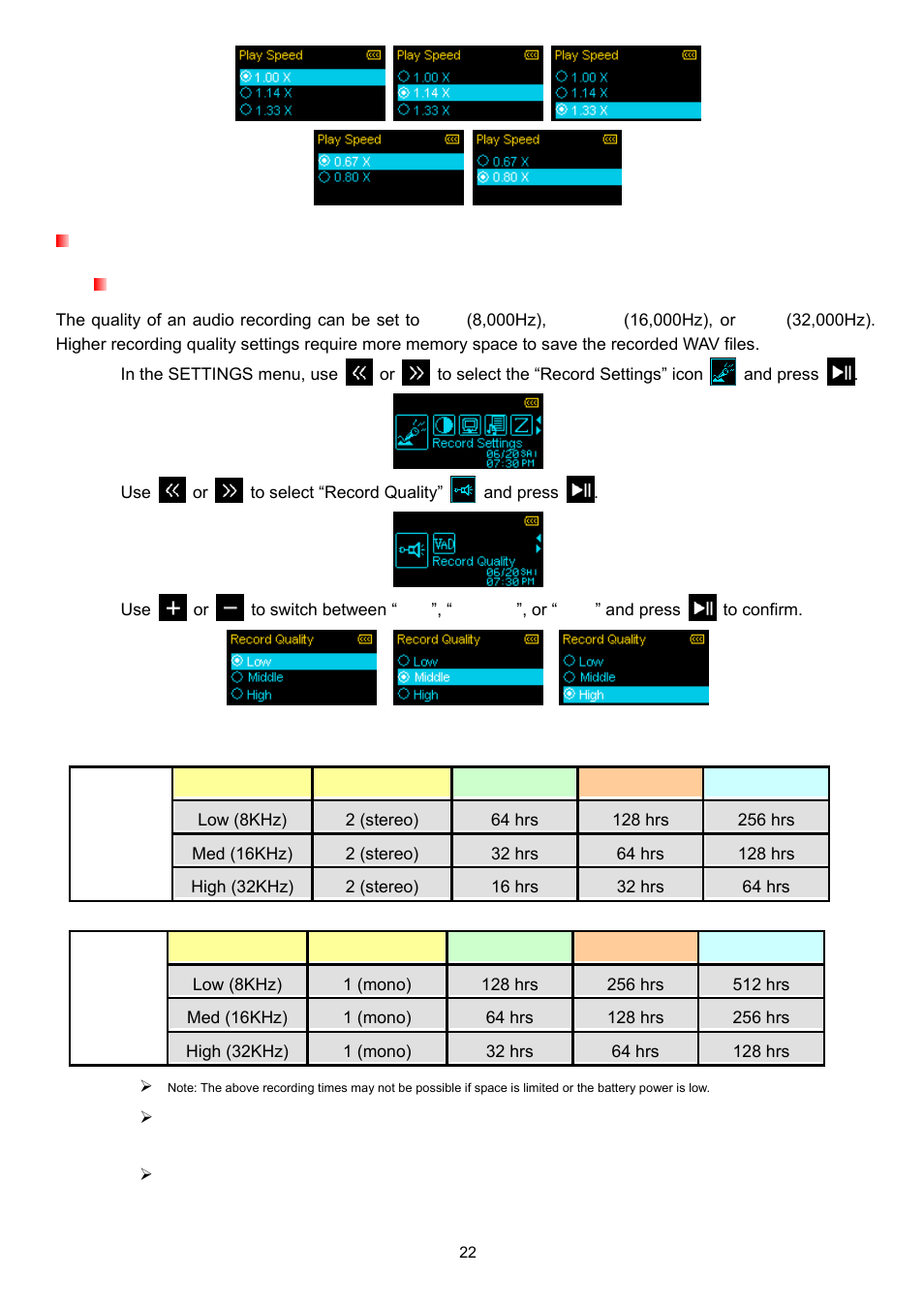 Record settings, Record quality | Transcend Information T.SONIC 320 User Manual | Page 22 / 42