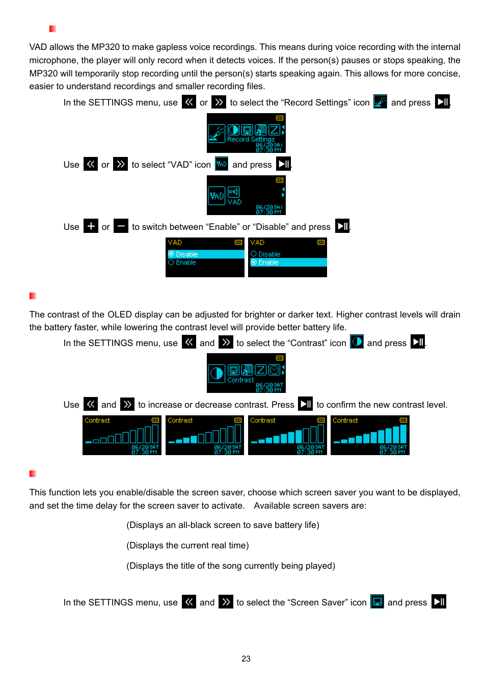 Vad (voice activity detection), Contrast, Screen saver | Transcend Information T.SONIC 320 User Manual | Page 23 / 42