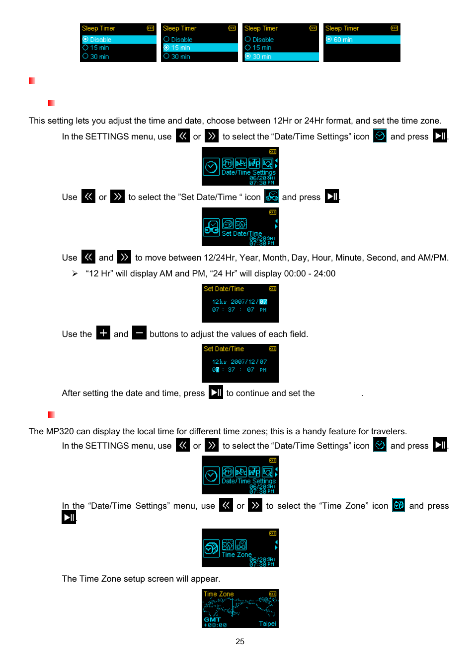 Date / time settings, Set date / time, Time zone | Transcend Information T.SONIC 320 User Manual | Page 25 / 42