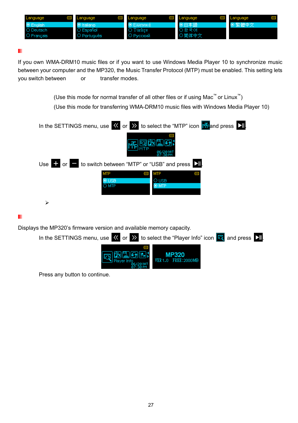 Music transfer protocol (mtp), Player info | Transcend Information T.SONIC 320 User Manual | Page 27 / 42