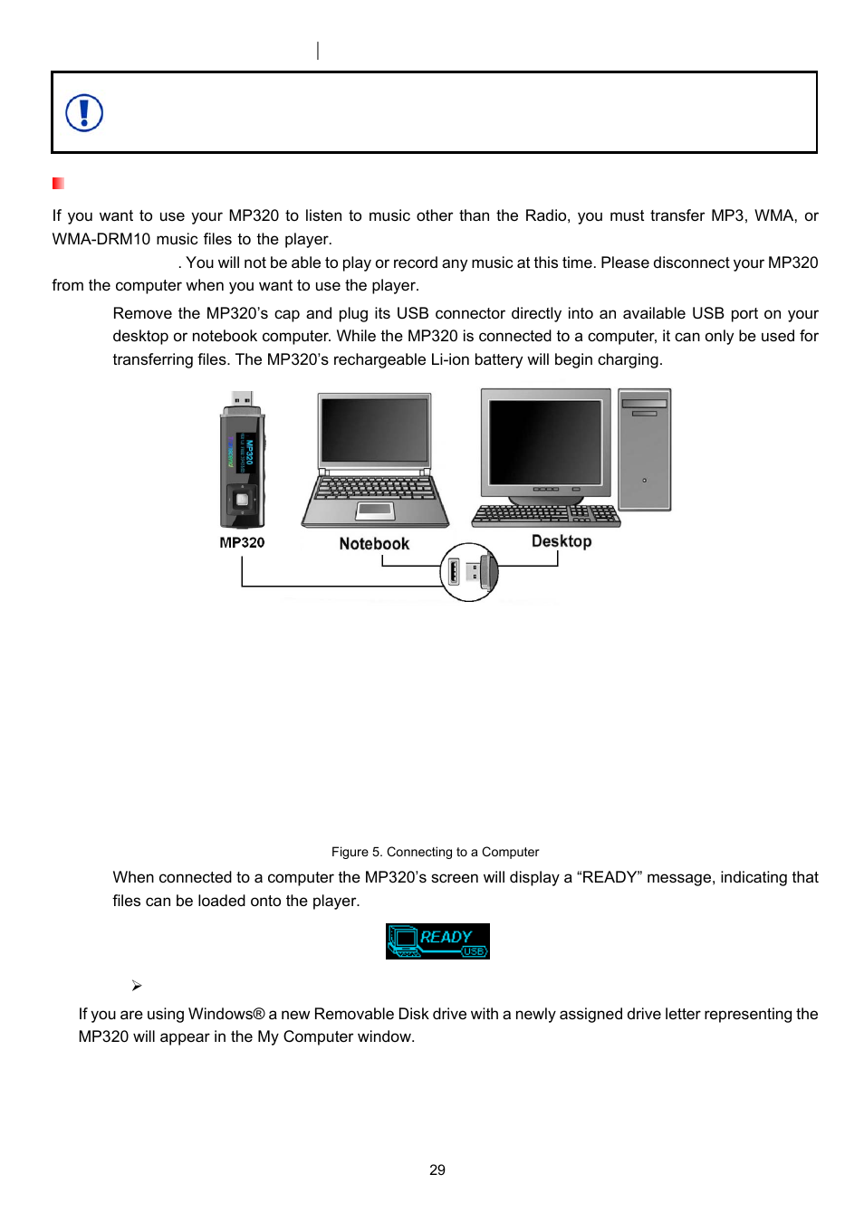 Connecting to a computer, Transferring files to the mp320 | Transcend Information T.SONIC 320 User Manual | Page 29 / 42