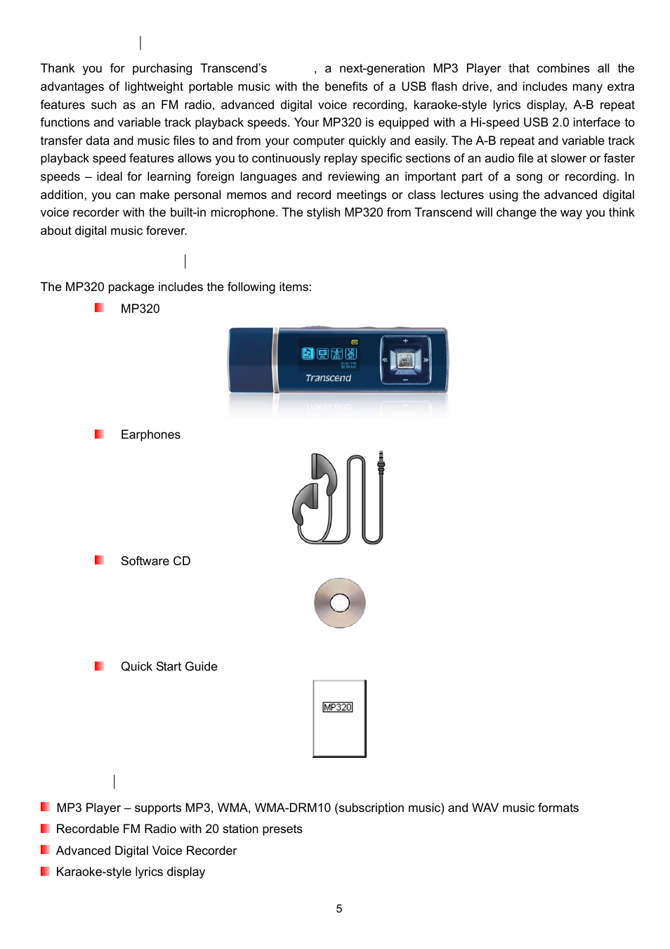 Introduction, Package contents, Features | Transcend Information T.SONIC 320 User Manual | Page 5 / 42