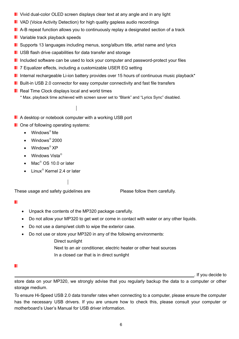 System requirements, Safety precautions, General use | Backing up data | Transcend Information T.SONIC 320 User Manual | Page 6 / 42