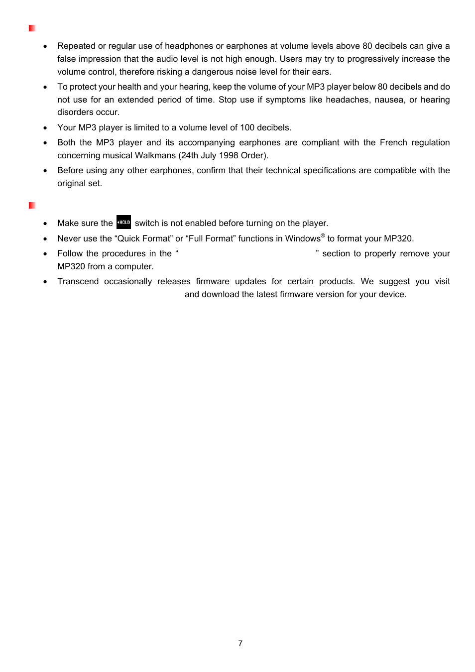 Caution: risk of deafness, Reminders | Transcend Information T.SONIC 320 User Manual | Page 7 / 42