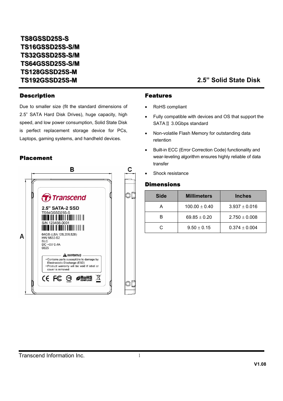 Transcend Information SSD25S User Manual | 38 pages