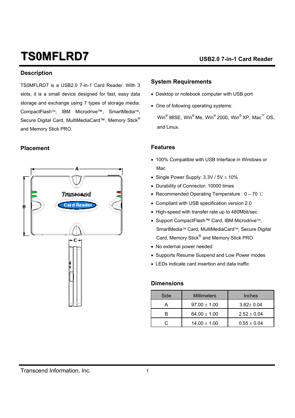 Transcend Information TS0MFLRD7 User Manual | 4 pages