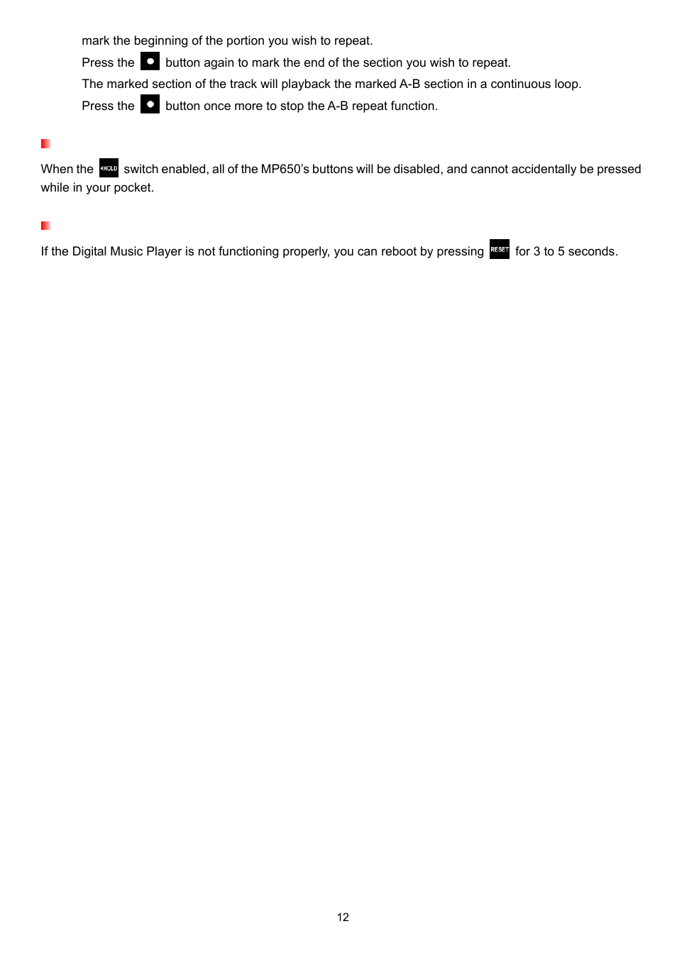 Hold, Reset | Transcend Information TS4GMP650 User Manual | Page 12 / 43