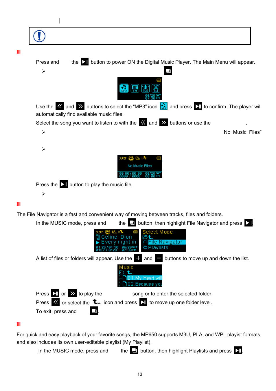 Music mode, Playing mp3, wma, or wma-drm10 music, File navigator | Playlists | Transcend Information TS4GMP650 User Manual | Page 13 / 43