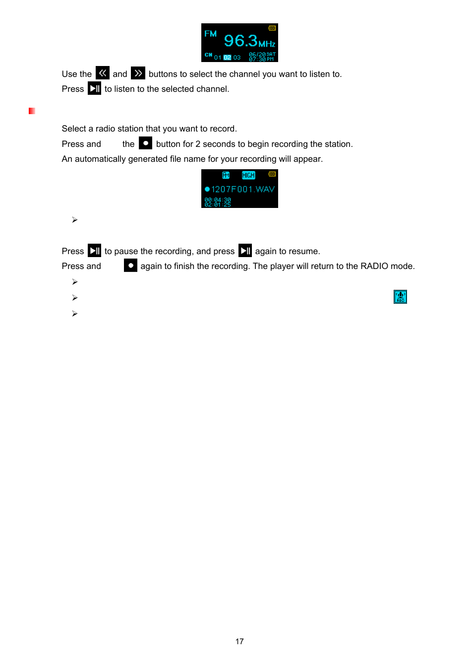Recording the radio | Transcend Information TS4GMP650 User Manual | Page 17 / 43