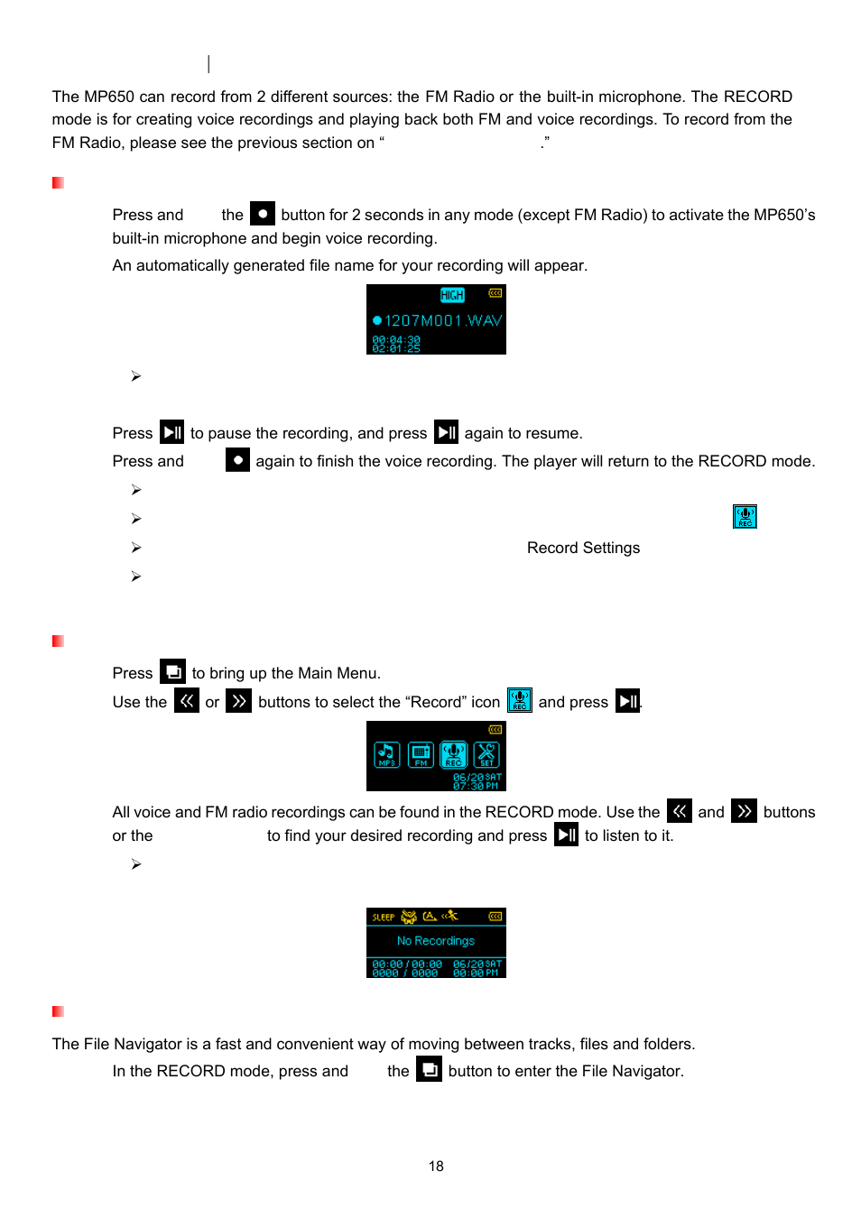 Record mode, Playing voice or fm recordings, File navigator | Transcend Information TS4GMP650 User Manual | Page 18 / 43