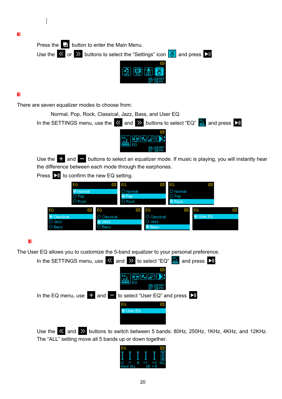 Settings, The settings menu, Equalizer (eq) | User eq customization | Transcend Information TS4GMP650 User Manual | Page 20 / 43