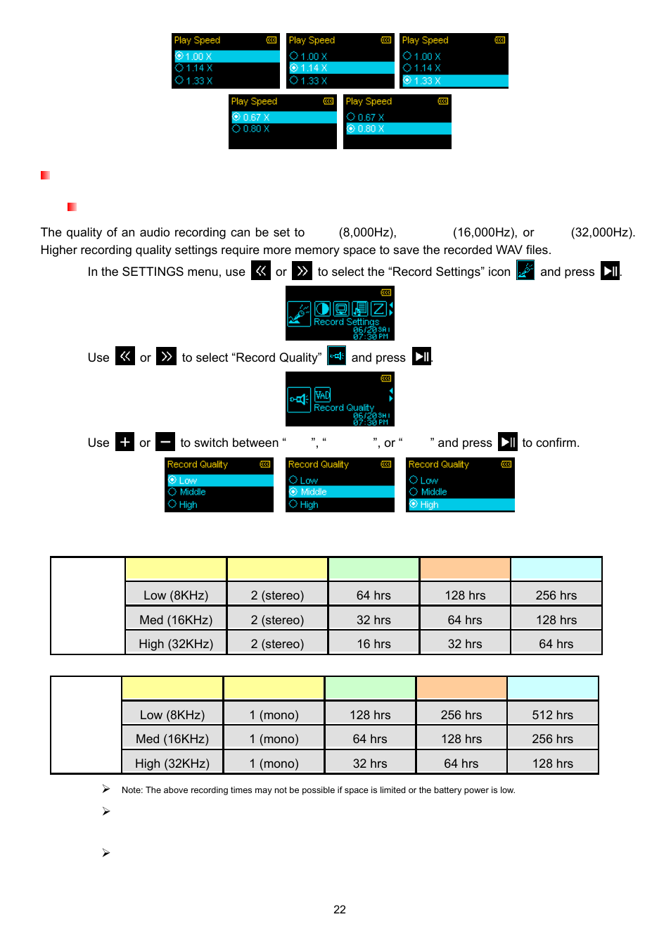 Record settings, Record quality | Transcend Information TS4GMP650 User Manual | Page 22 / 43