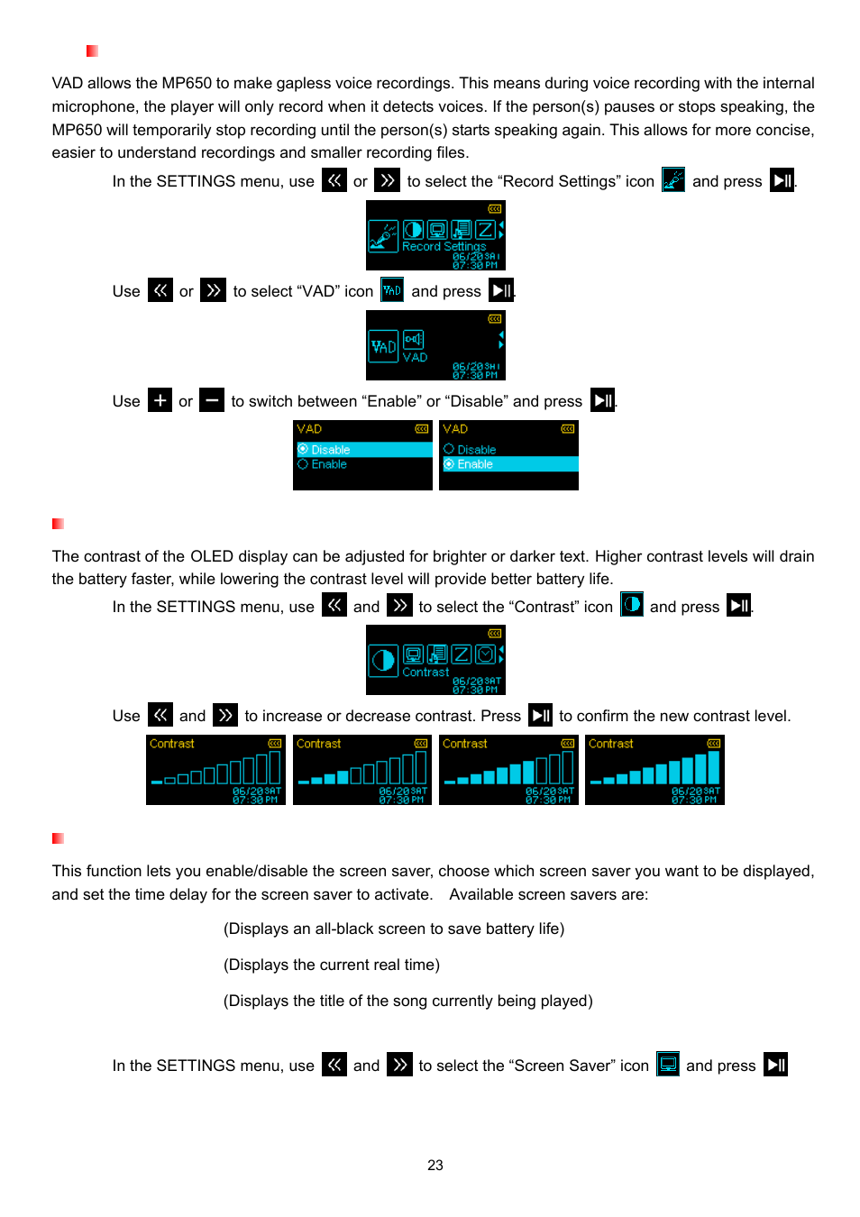 Vad (voice activity detection), Contrast, Screen saver | Transcend Information TS4GMP650 User Manual | Page 23 / 43