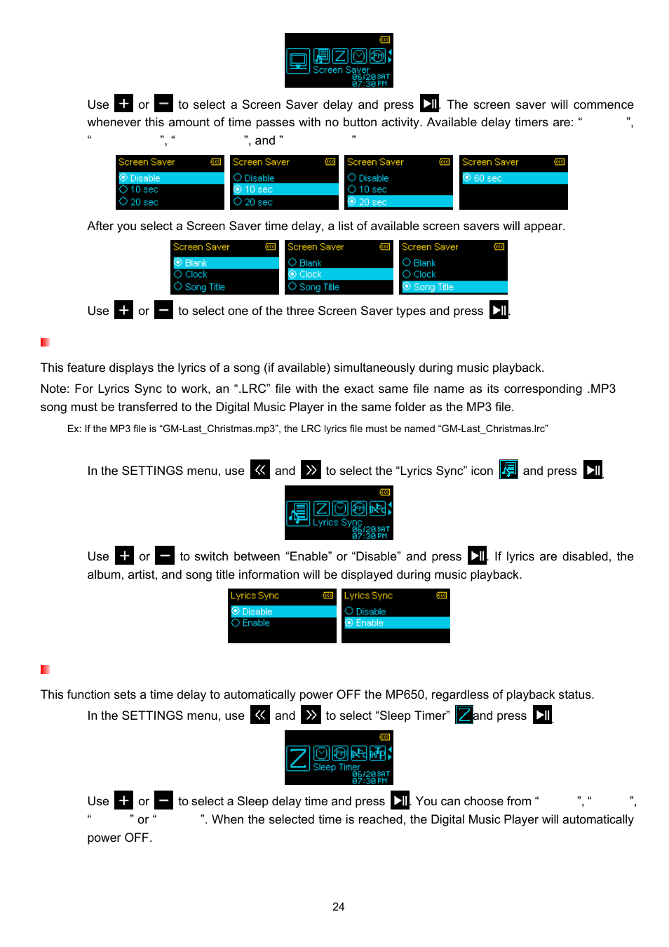 Lyrics sync, Sleep timer | Transcend Information TS4GMP650 User Manual | Page 24 / 43