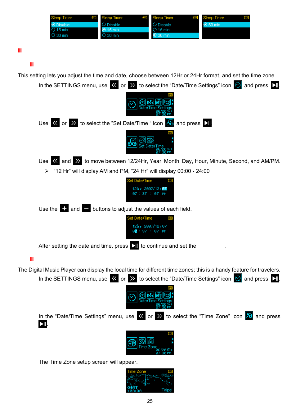 Date / time settings, Set date / time, Time zone | Transcend Information TS4GMP650 User Manual | Page 25 / 43