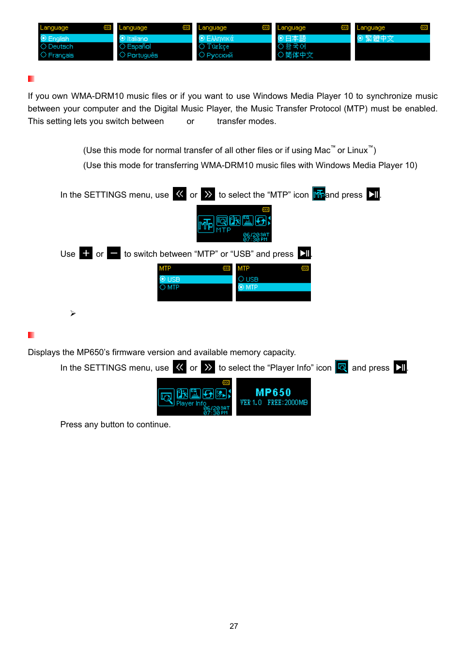 Music transfer protocol (mtp), Player info | Transcend Information TS4GMP650 User Manual | Page 27 / 43